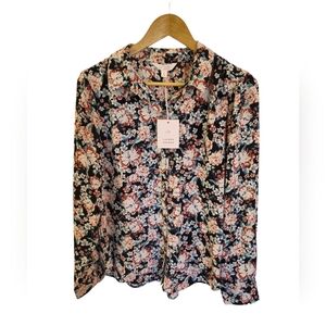 NWT LC Lauren Conrad Floral Covered Button  Front  Long Sleeve Top Size Large
